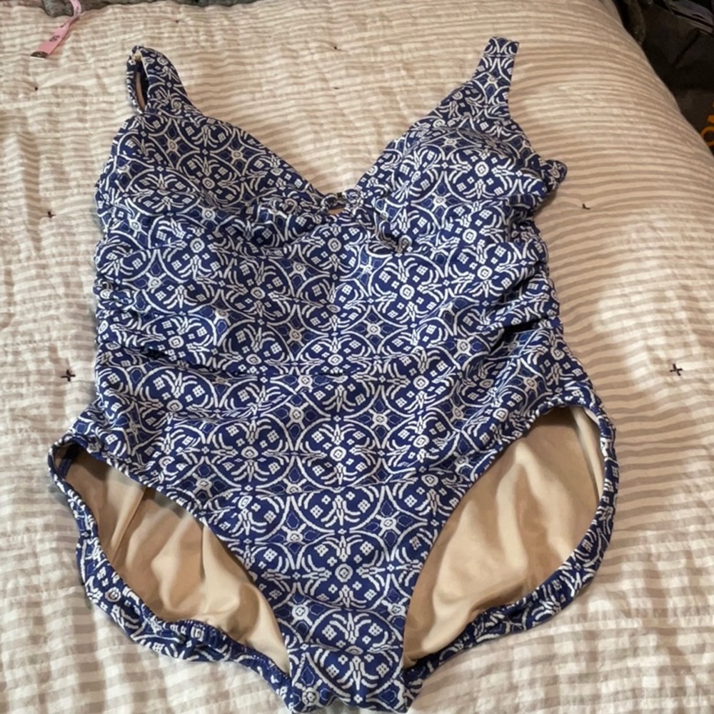 Lands' End Blue and White One Piece Swimsuit